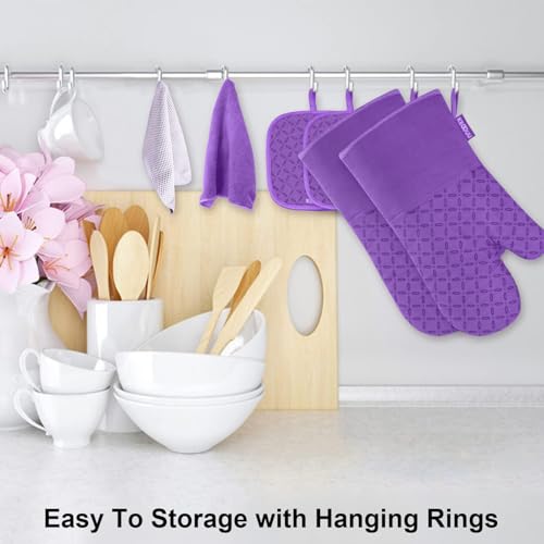 Image of KEGOUU Oven Mitts and Pot Holders 6pcs Set, Kitchen Oven Glove High Heat Resistant 500 Degree Extra Long Oven Mitts and Potholder with Non-Slip Silicone Surface for Cooking (Purple)