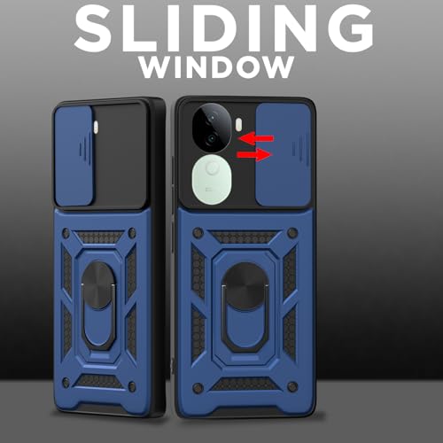 Image of Pikkme Back Cover for Vivo V40e 5G / iQOO Z9s 5G | 360 Protection Case | Sliding Camera Shield Cover & Ring Holder Stand D10 Tough Armor Bumper Case (Blue)