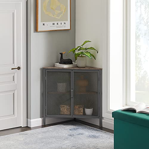 Vecelo Corner Cabinet/Table, 3-Tier Shelves With Protection Door, Metal Frame Storage Shelf Organizer For Small Space, Living Room, Kitchen, Bathroom, Set Of 1, Grey #TOP2
