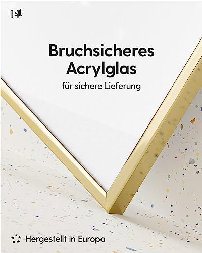 Heimlich® - Bilderrahmen - A4 21x30 cm, Aluminium Metall, Gold - Urkundenrahmen mit Kunststofffolie - Wandmontage oder Tischaufsteller