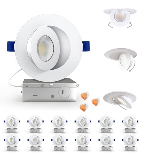 Aosclex 4 Inch 5CCT Gimbal LED Recessed Lights with Jbox, 360°+90° Adjustable Directional Recessed Lighting, 2700K-5000K Selectable, Dimmable Eyeball Canless Lights, 10W 980LM, ETL (White, 12 Pack)