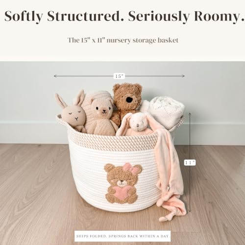 Image of Pink Teddy Bear Baby Storage Basket, Cotton Rope Nursery Bin, 15x11 in | Stuffed Animal and Blanket Storage, Embroidered Bear Patch, Baby Girl Room Decor, Gift, Kids Playroom Organizer
