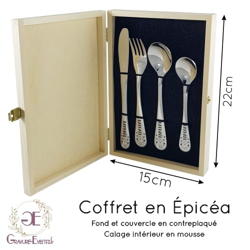 Coffret En Bois Avec 4 Couverts Personnalisés Pour Enfant - Prénom Gravé En France - Acier Inoxydable - 9