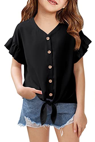 Image of Girls Ruffle Short Sleeve Shirts V Neck Tie Front Knot Tops Button Cute Tunic Shirts Blouse