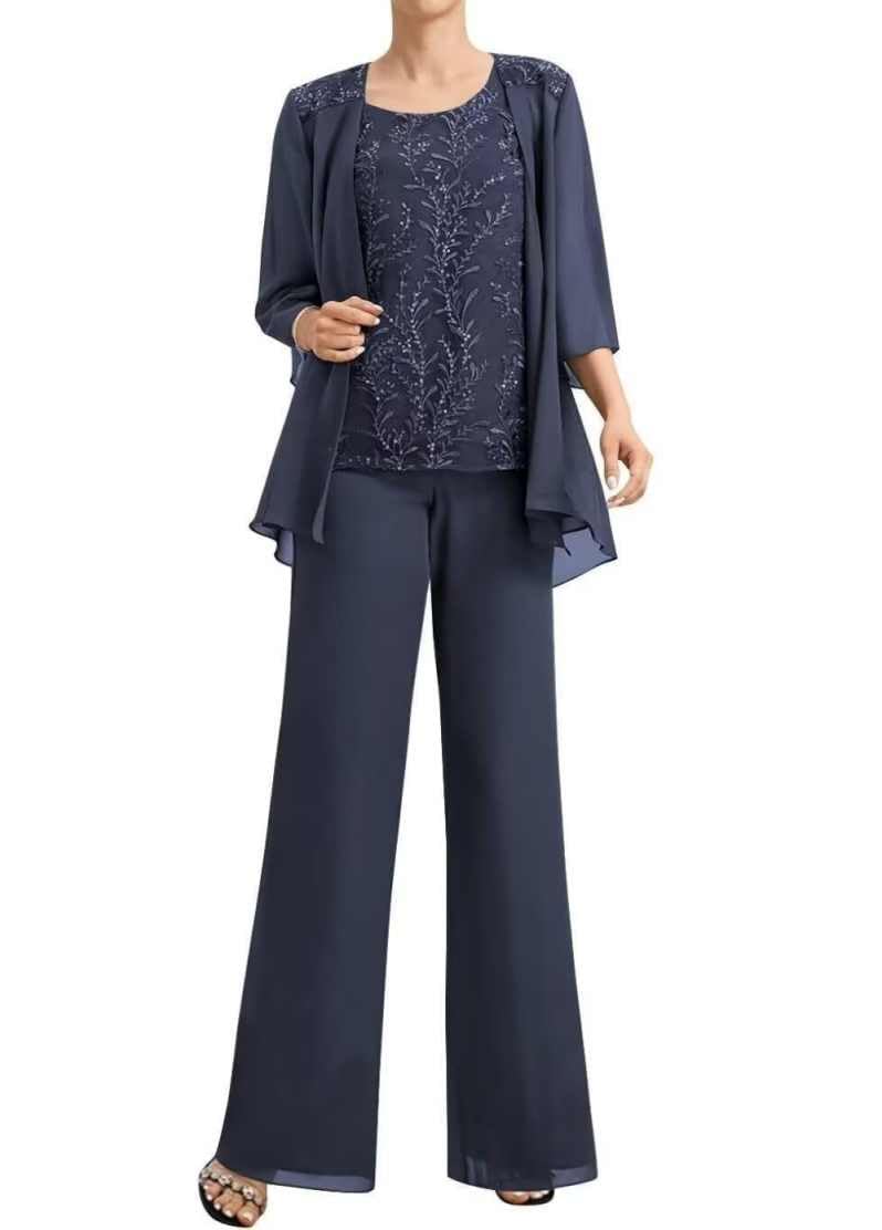 Mother of The Bride Pant Suits for Women 3 Pieces Mother Groom Dress with Jacket Chiffon Lace Formal