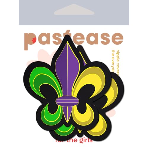 Cache-mamelons Fleur-de-lis Pastease® pétale vert jaune violet pour le Mardi gras