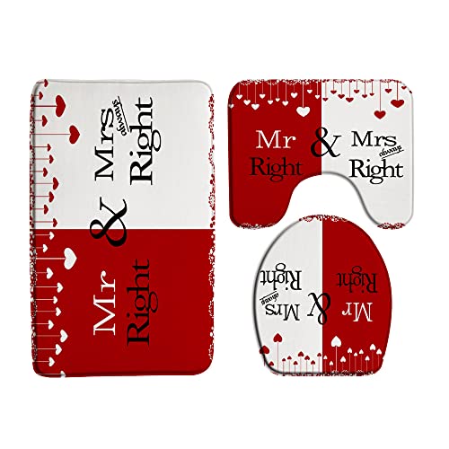 VPUPCN Valentine's Day 3 Pcs Bath Rugs Set,Mr Mrs Red White Heart Romantic Love Sweet Lover Couple Creative Bathroom Kitchen Rug with 17.8