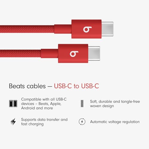 Image of Beats USB-C to USB-C Woven Cable, Fast Charging, Durable /Tangle-Free, Compatible Charger for Apple & Android (1.5 m) - Rapid Red