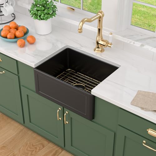 Talllor Black Farmhouse Sink - 24 Inch Fireclay Farmhouse Sink Reversible Apron Front Undermount Installation Country Style 24x18 Single Bowl Barn Farmer Sinks Basin #TLAC-0075