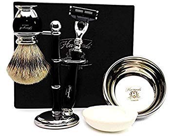 5 Pc Mens Shaving Kit 3 Edge Razor With Silver Tip Badger Hair Shaving Brush, Stand, Soap and Bowl Perfect Set For Men