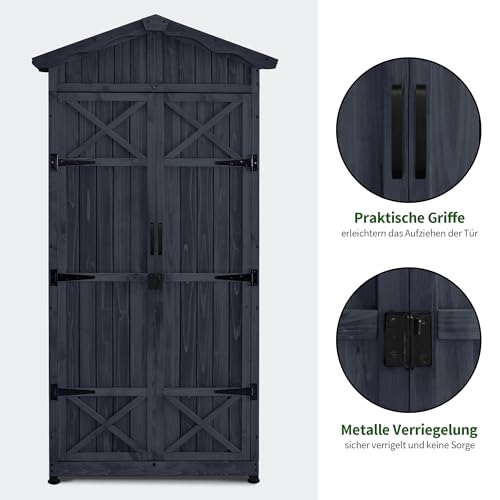 M MCombo Gartenschrank Gartenhaus Holz Wetterfest, Outdoor Wasserdicht Schrank mit Boden, für Außenbereich Balkon Terrasse, Aufbewahrungsschrank mit 2 Bewegliche Regale 74×99×193 cm (Anthrazitgrau)
