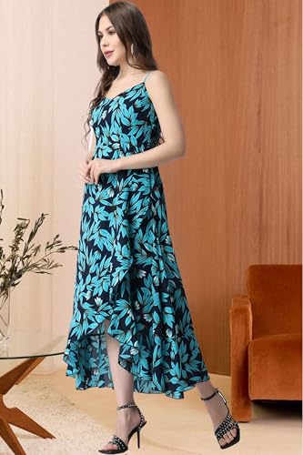Image of POPWINGS Blue Floral Printed Maxi Length Fit & Flare Dress for Women || Summer Stylish Dress for Women Western