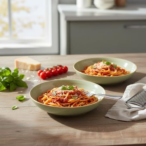 Image of Beyond Homes Handcrafted Ceramic Pasta Bowl Set, 21 cm | Microwave & Dishwasher Safe Pasta Plates Glossy Finish | Deep Plate | Ceramic Serving Pasta Bowl, 650 ml Each (Pistachio- Set of 2)