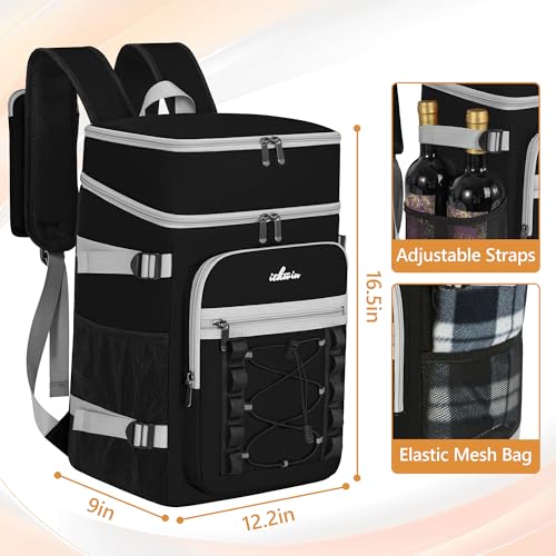 Image of Cooler Backpack, 40 Cans Insulated Lunch Backpack Picnic Backpack for Men&Women, Durable Cooler Bag with 2 Leak Proof Compartments for Picnic, BBQ Camping, Lunch, Beach, Hiking, Black