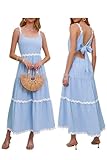 VICIALL Women Summer Dresses Spaghetti Straps Sleeveless Backless Flowy A Line Maxi Sundress Smocked Beach Tank Midi Dress Blue