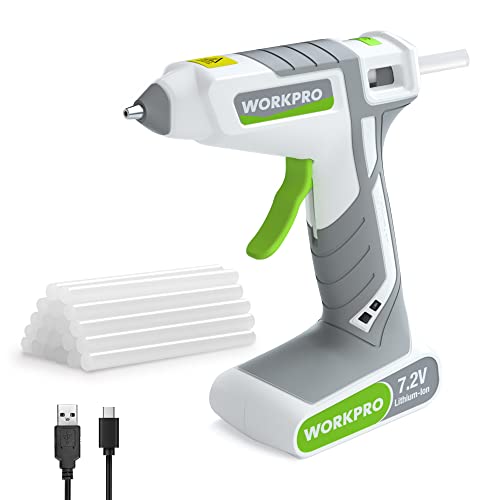 WORKPRO 7,2V Pistola de silicona caliente a batería, pistola de pegamento termofusible, pistola de pegamento recargable con 20 barras de pegamento(7 * 100mm), con cable tipo C