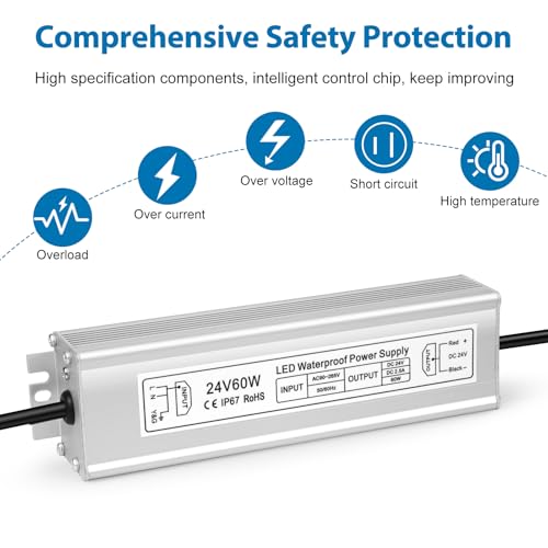 Image of LED Driver 60W 24V Power Supply, IP67 Waterproof Low Voltage Transformer, AC 90-265V to DC 24V 2.5A Converter for Outdoor Landscape Lighting and LED Strip Lights, with 3-Prong Plug 3.3FT Cable