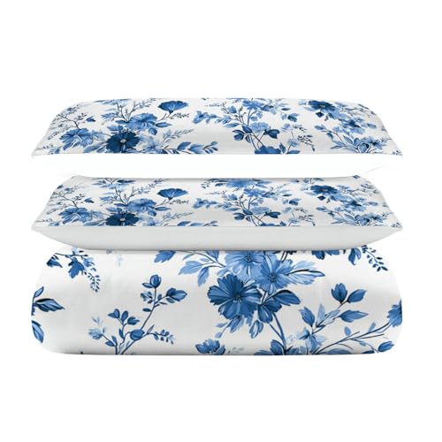 Housse de Couette Bleu Blanc Fleurs 240x260cm avec Taies