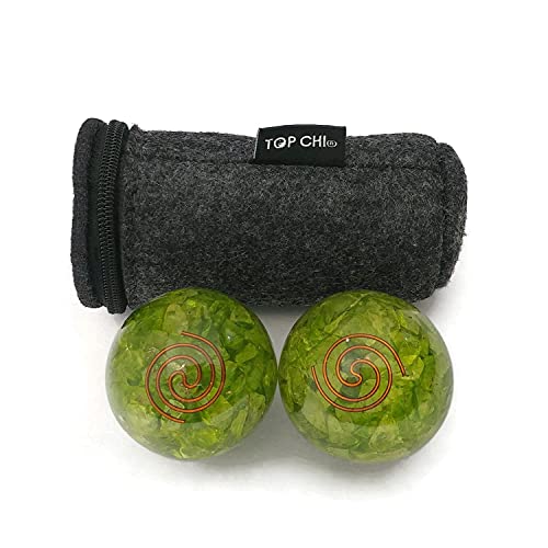 Top Chi Peridot Quartz Baoding Balls with Carry Pouch for Hand Therapy, Exercise, and Stress Relief (Medium 1.6 Inch)