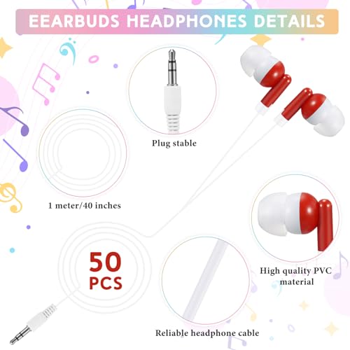 Image of 50 Pack Earbuds Wired Bulk for Classroom 3.5mm Jack, Red