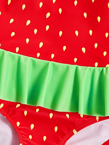 WDIRARA Girl's Strawberry Print Ruffle Hem Swimwear Shoulder Onepiece Swimsuit4