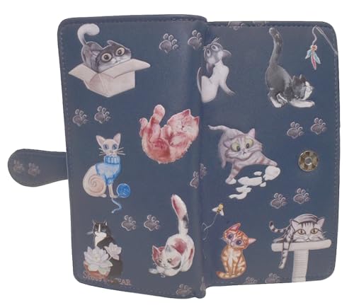 Shag Wear Playful Cats Large Wallet for Women and Teen Girls Vegan Faux Leather Blue 7"4