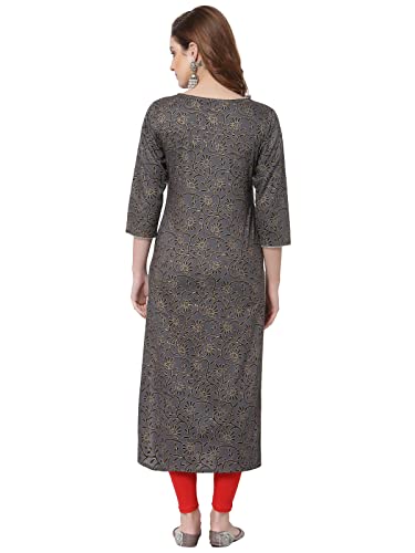Image of Women Rayon Black Embroidery Printed Straight Kurti