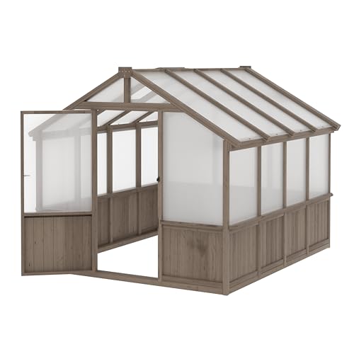 Image of MUPATER 8' x 8' Wooden Polycarbonate Greenhouse with Ventilated Window & Lockable Door, 6mm Polycarbonate Panels for UV Protection, Walk-in Greenhouse for Outdoors, Patio, Backyard, Brown