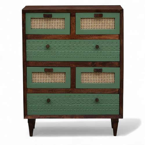 Image of Solid Wood Luffy Chest of Drawers | Chest of Drawers for Storage | 6 Drawer Dresser | Natural Cane | Finish- Olive Green and Tubaq