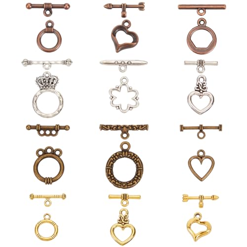 PH PandaHall 120 Sets Toggle Clasps 12 Styles Jewelry Closure Clasp Ring Tibetan Style Clasps Fastener Hook Toggle Connectors TBar End Clasp for Necklace Bracelet Jewelry Making 4 Colors