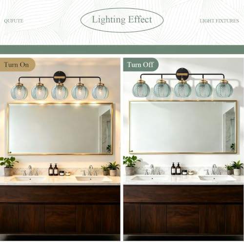 Image of 5-Light Bathroom Vanity Light Green Wall Lights Glass Globe Shade