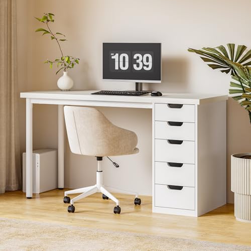 LITTLE TREE Computer Desk with 5 Drawers 47 Inch White Modern Simple Study Writing Desk with Metal Frame Work Desk for Home Office