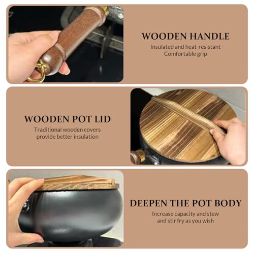 Wok con tapa de madera 9.45 pulg hierro sin recubrimiento miniatura 3