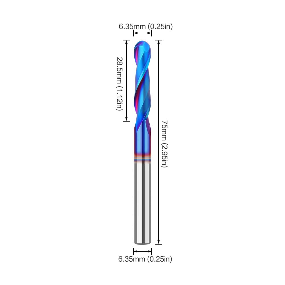 1pc Gambo da 1/4 pollici Gambo da 8mm Testa a sfera a 2 lame Coltello dritto Ripresa Blu Nano Router Bit Lavorazione del legno Fresa integrale in lega(6.35x6.35x28.5mm)