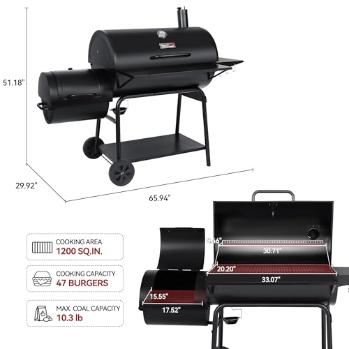 Image of Royal Gourmet CC2036F Barrel Charcoal Grill with Offset Smoker, Outdoor BBQ Grill with 1200 Sq. In. Grilling Area for Large Event Gathering, Black | Outdoor BBQ Grill with 1200 Sq. In. Grilling Area for Large Event Gathering, Adjustable Temperature Control