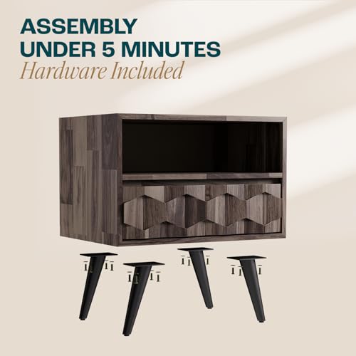 Image of Bme Georgina Solid Wood Nightstand with 1 Drawer & Open Shelf- Fully Assembled Mid Century Modern Side Table - Geometric Pattern Bedside Dresser for Bedroom and Living Room, Mocha