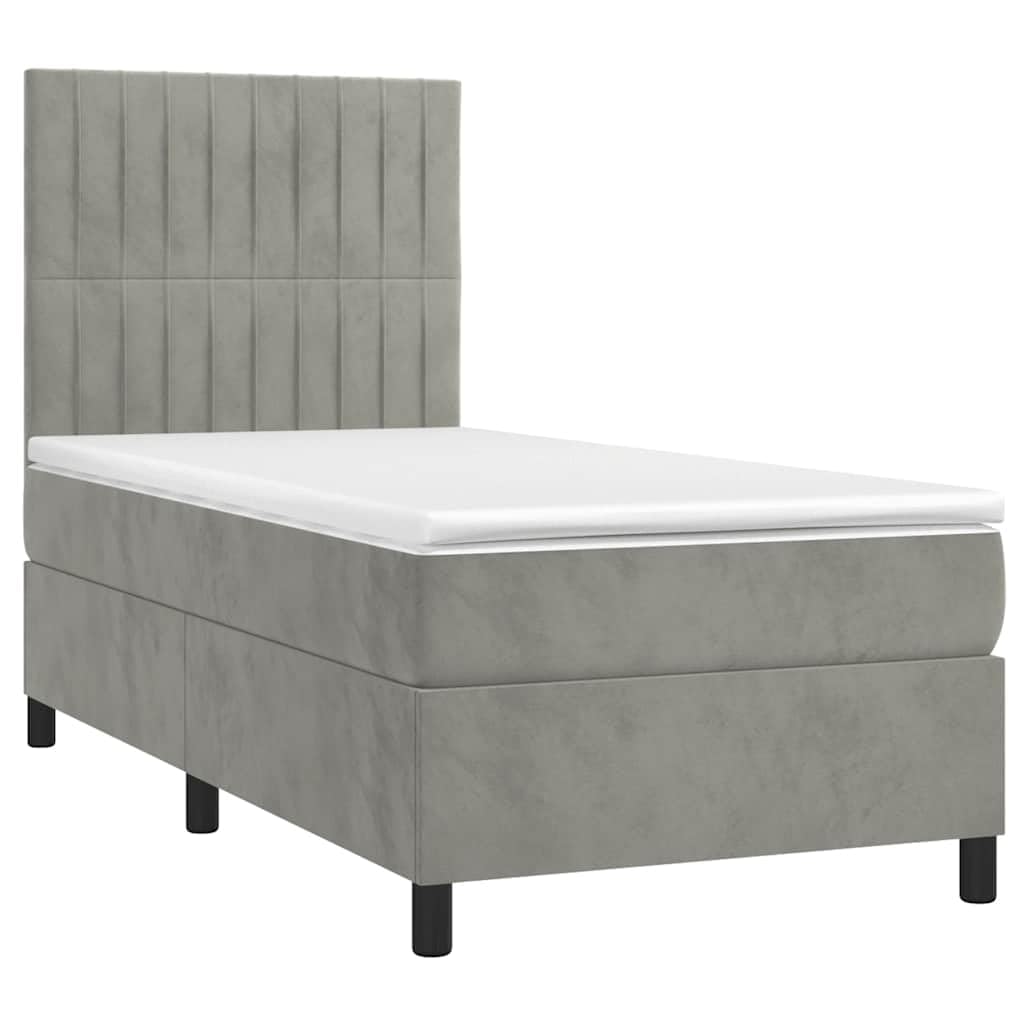 Samt Boxspringbett mit LED und verstellbarem Kopfteil Komfort Bett 90x190 | Boxspringbett mit Matratze und LED Licht Hellgrau 90x190 cm Samt Bett mit Kopfteil verstellbar Taschenfederkern Topper USB