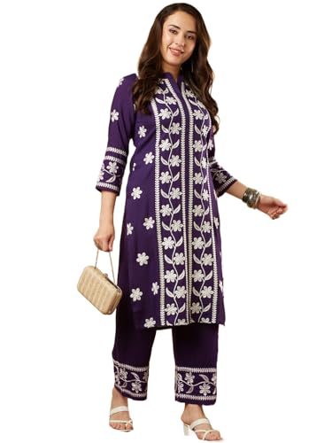 Image of GoSriKi Women's Cotton Blend Straight Chikankari Embroidered Kurta with Palazzo Set