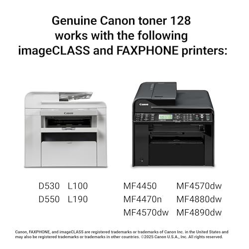 Image of Canon Genuine 128 Black Toner Cartridge Compatible with MF4450, MF4770n, MF4570 Series, MF4800 Series, D530, D550, L100, L190