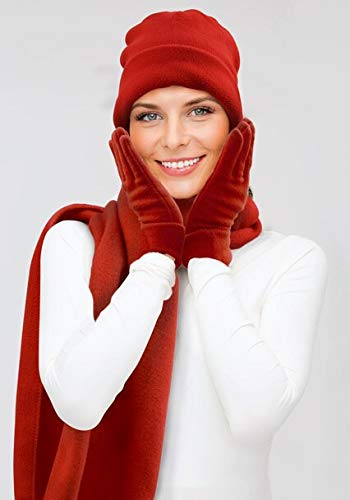 Women's Beige Solid Fleece 3-Piece Gloves Scarf Hat Winter Set Wset50 #TOP4
