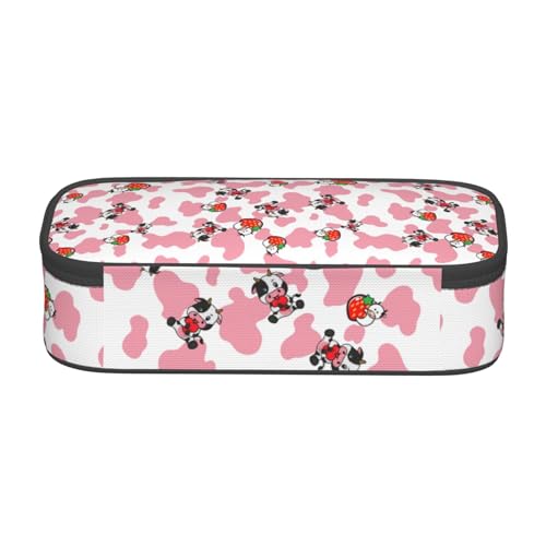 Image of Pink Strawberry Cows Print Large Pencil Case, Pencil Pouch With Zipper Compartments Stationery Pencil Bag For Kids Teens Students School Supplies