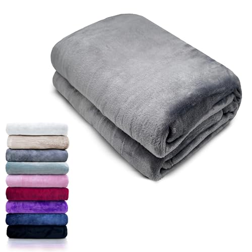 HTE Manta Microfibra para Cama Sofá y Sillón, Manta Polar Lisa de Tacto Suave Super Caliente para Adulto y Niño,Sin Arrugas (Gris, 130 x 160 cm)