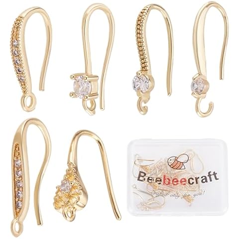 Beebeecraft 24Pcs 6 Style Cubic Zirconia Earring Hooks 18K Gold Plated Ear Wire Fish Hooks with Loop for DIY Earring Jewelry Making 15~18mm Long Cover