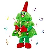 Singing Dancing Christmas Tree Plush Toys with Lights & 8 Music Christmas Carols for Saxophone & Repeat What You Say Christmas Tree Decor Table Party Toy Gifts for Family Friends Kids Boys Girls