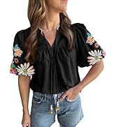 Ecosunny Women's Casual Floral Embroidered V Neck Boho Puff Short