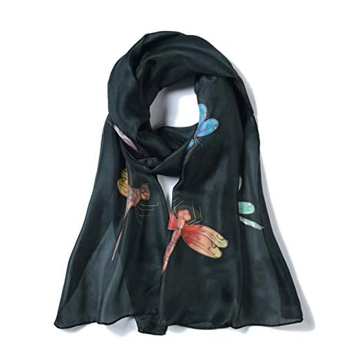 Invisible World Pañuelo Cabeza de Seda Foulard de Pelo Ligera Pintado a Mano para Mujer Libélula Negro