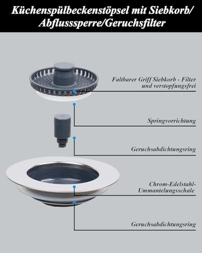 Hibbent Küchen Spülbecken Stöpsel, Edelstahl-Shell mit Anti-Verstopfungssieb, Lebensmittelreste Herausfiltern, Für Bohrungsdurchmesser von 75–82 mm, Tiefe der Spüle>28mm