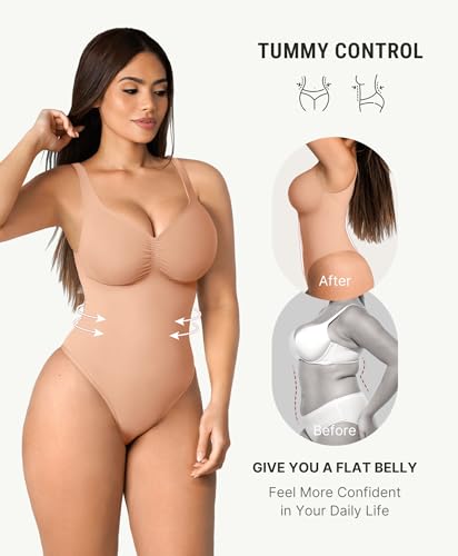 Image of FeelinGirl Shapewear Bodysuits for Women Tummy Control Thong Seamless V Neck Compression Body Suits Corset Top