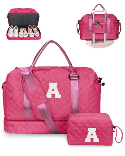Vogewood Women Gift, Teen Gifts for Girls-Initial Travel Bag with Shoe Compartment, Personalized Weekender Bag, Monogram Overnight Bag for Women, Letter Travel Bag with Makeup Bag (Letter A)