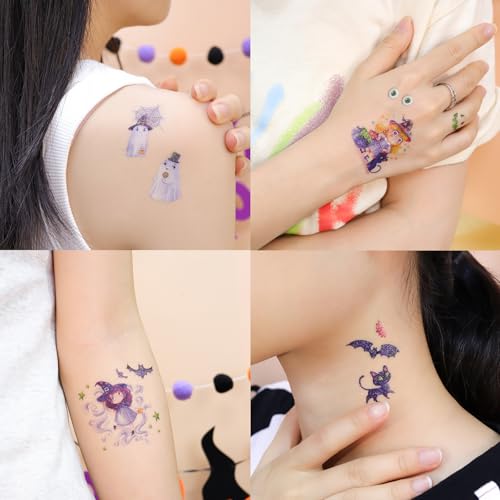 Image of XIYOKA 12 Sheets 160+ PCS Halloween Fake Glitter Tattoos, Halloween Glitter Face Temporary Tattoos, Halloween Party Favors Supplies